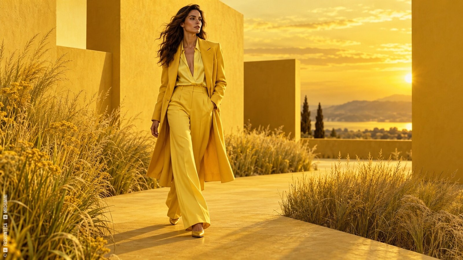 Editorial de Moda amarilla entre arquitectura gráfica y vegetación dorada al final de la tarde