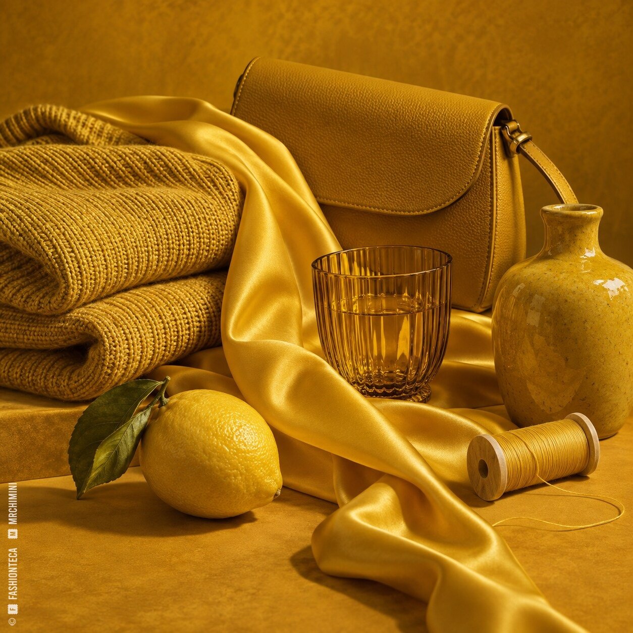 Bodegón amarillo con punto, satén, cuero, vidrio, cerámica, hilo y limón sobre fondo mostaza