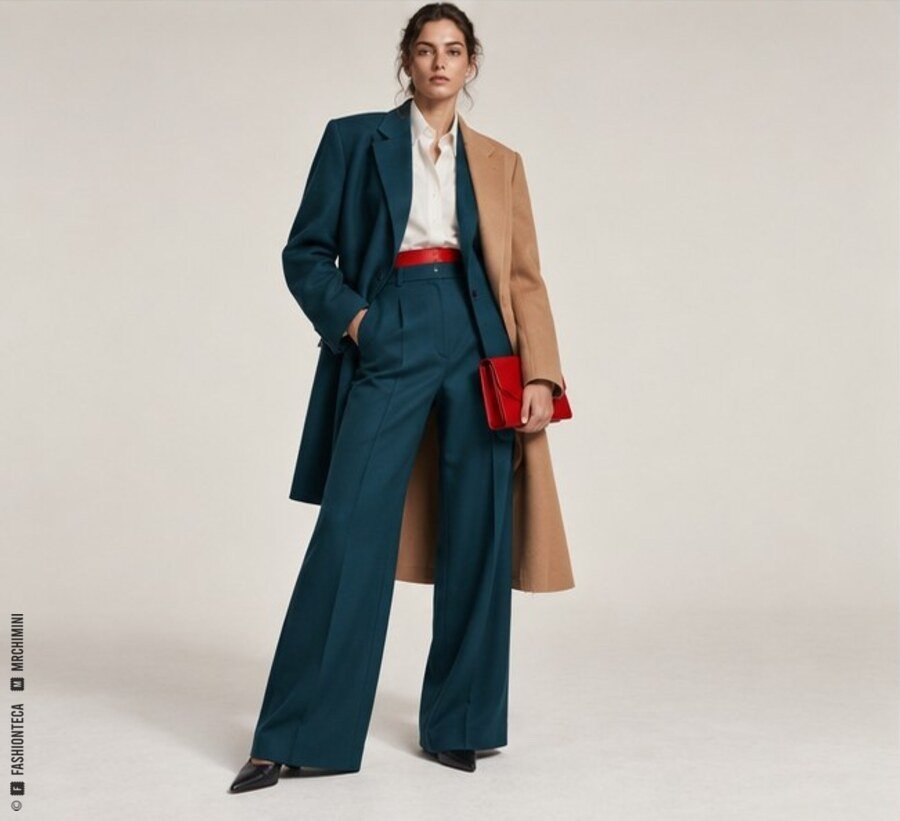 Look de Moda con distintas proporciones de verde petróleo, camel, blanco y rojo