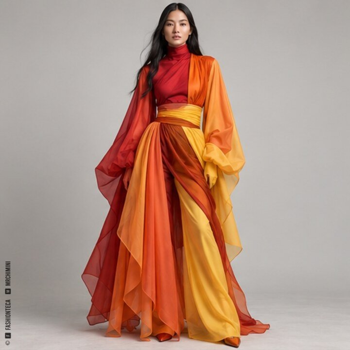 Look femenino rojo, naranja y amarillo de una armonía análoga