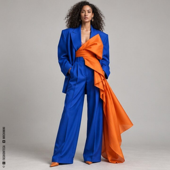 Look femenino azul y naranja de una armonía complementaria