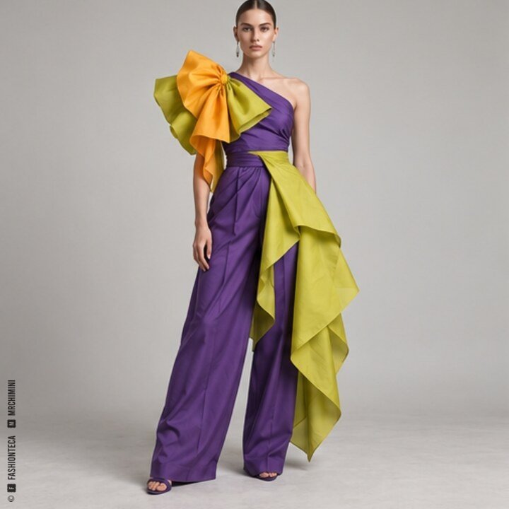 Look femenino violeta, amarillo anaranjado y verde amarillento de una armonía complementaria dividida