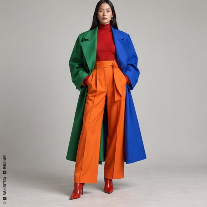 Look femenino rojo, verde, azul y naranja de una armonía tetrádica