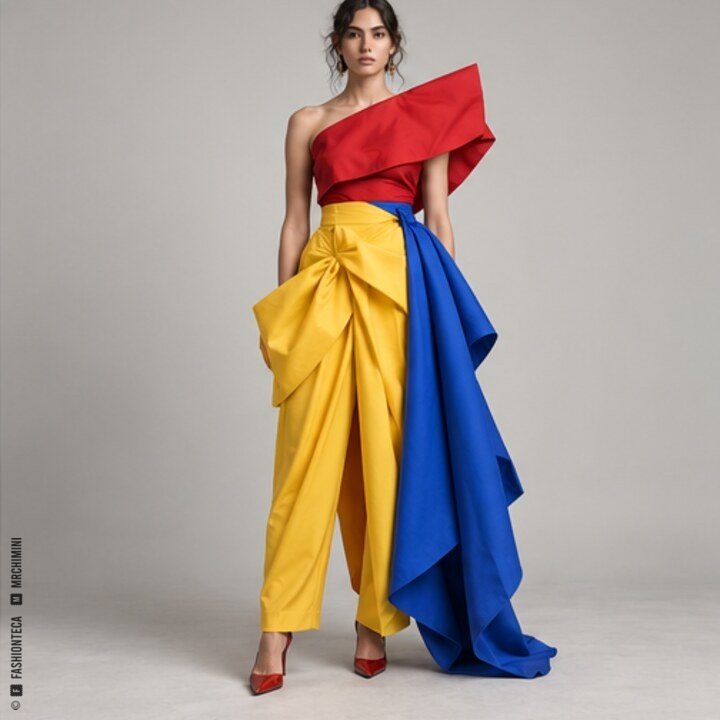 Look femenino rojo, amarillo y azul de una armonía triádica