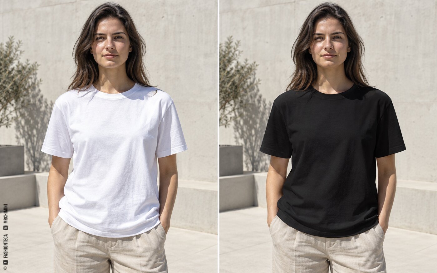 La misma modelo bajo el mismo sol con una camiseta blanca y otra negra