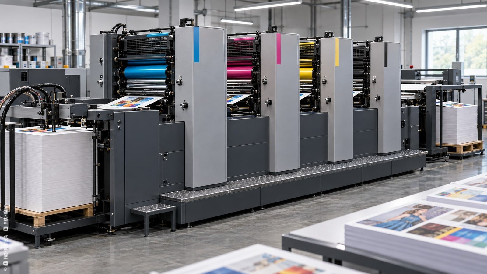 Máquina offset de pliegos con cuatro cuerpos de impresión consecutivos, identificados visualmente como cian, magenta, amarillo y negro