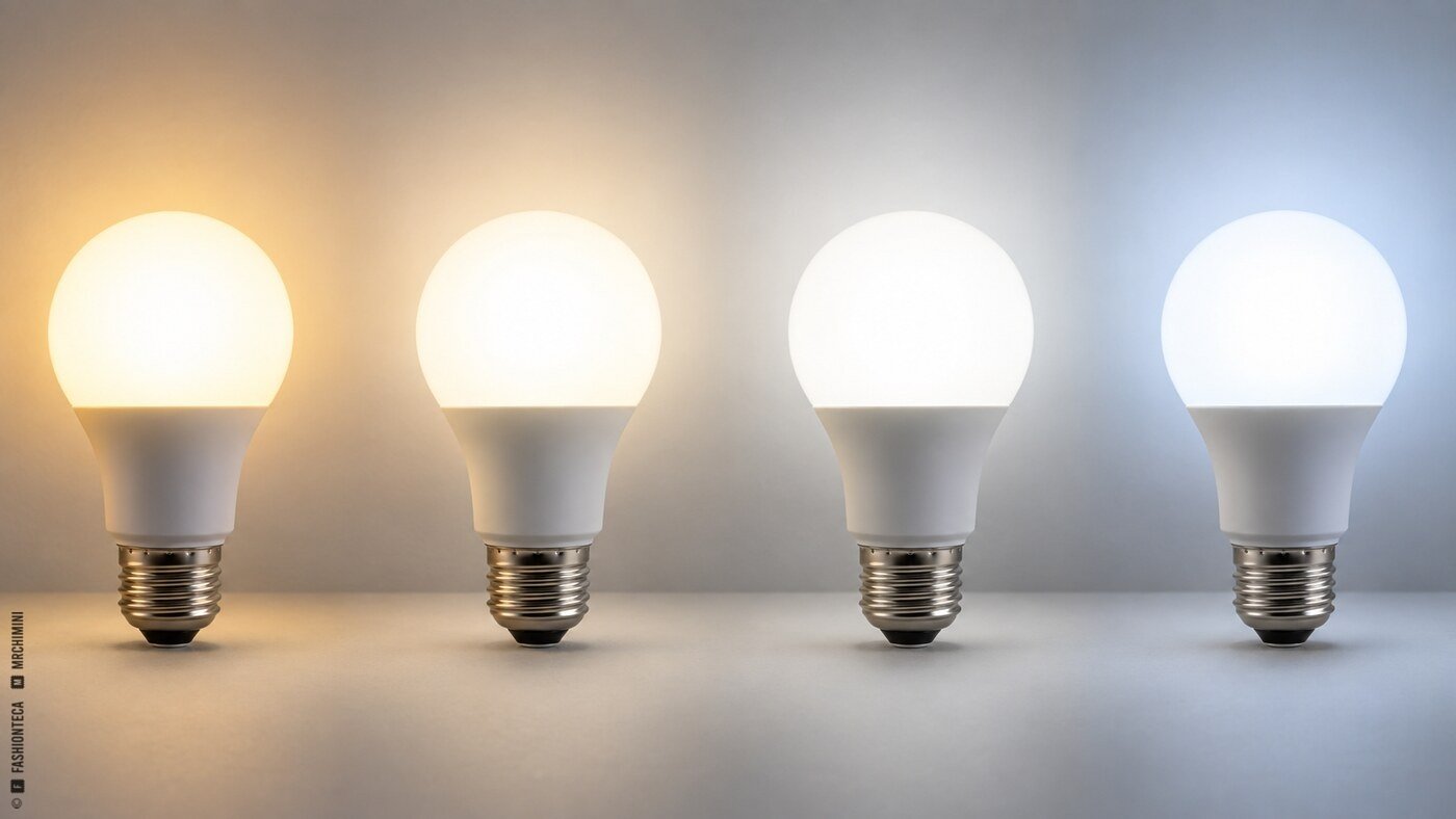 Cuatro bombillas reales encendidas con luz progresivamente más fría