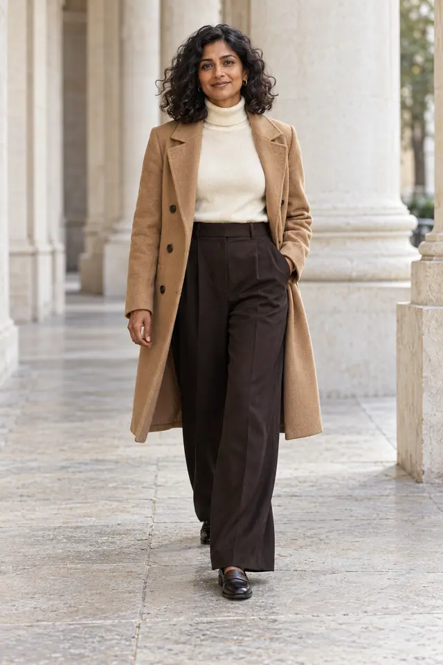 Mujer con abrigo camel abierto, jersey marfil, pantalón amplio ébano y mocasines oscuros.