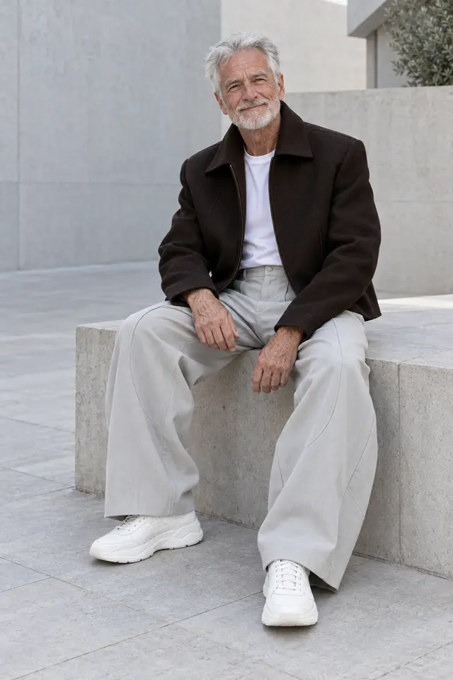 Hombre mayor de cabello blanco con chaqueta corta ébano, camiseta blanca, pantalón gris perla de gran volumen y zapatillas blancas.