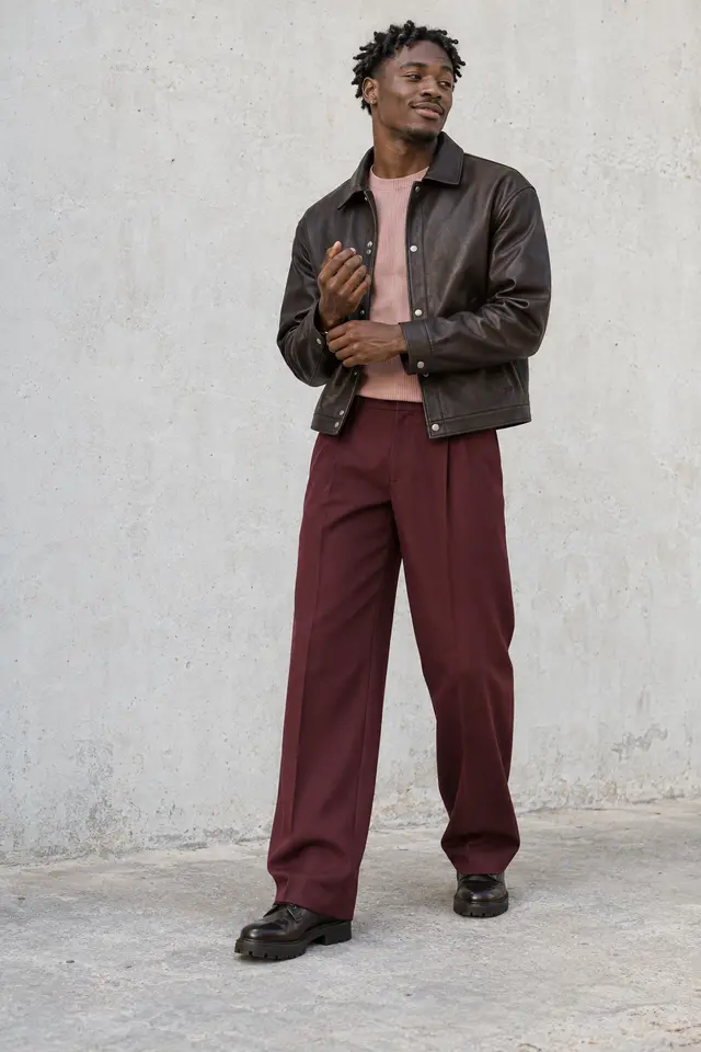 Hombre joven con sobrecamisa corta de piel ébano, top rosa palo, pantalón amplio burdeos y zapatos oscuros.