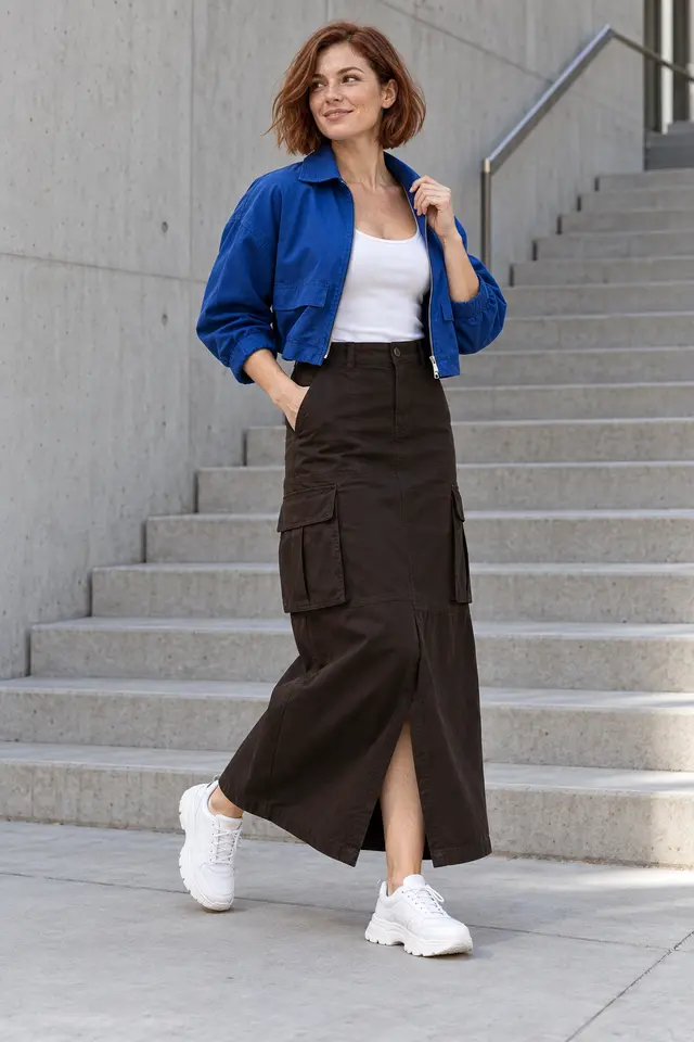 Mujer joven pelirroja con cazadora corta azul cobalto, camiseta blanca, falda cargo larga ébano y zapatillas blancas.