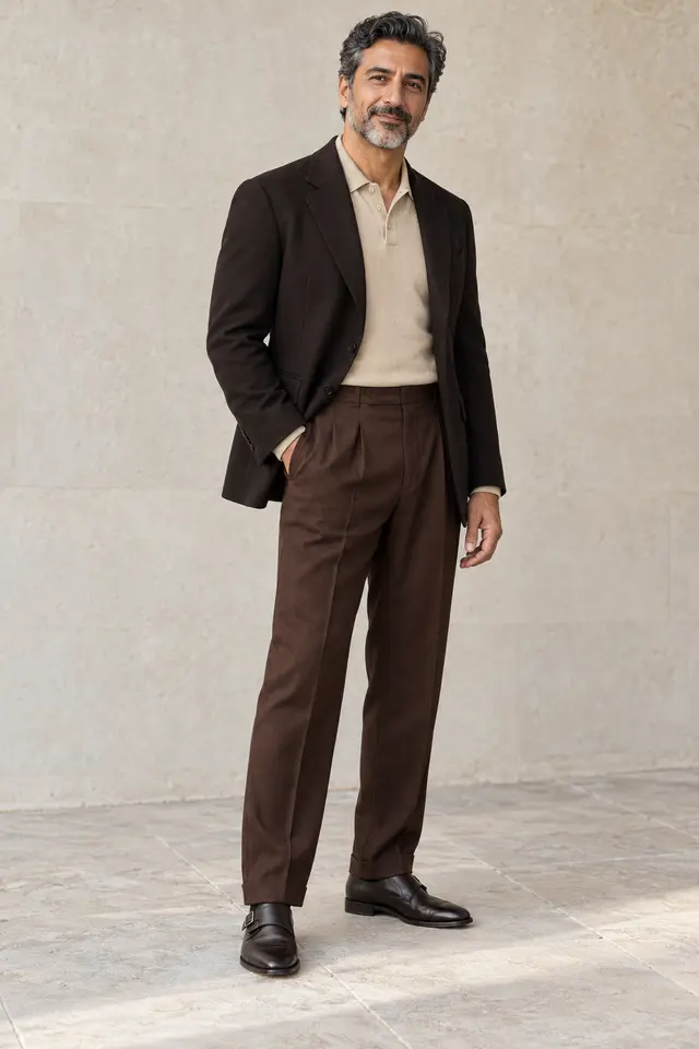 Hombre de barba entrecana con americana ébano, polo beige, pantalón chocolate y zapatos oscuros.