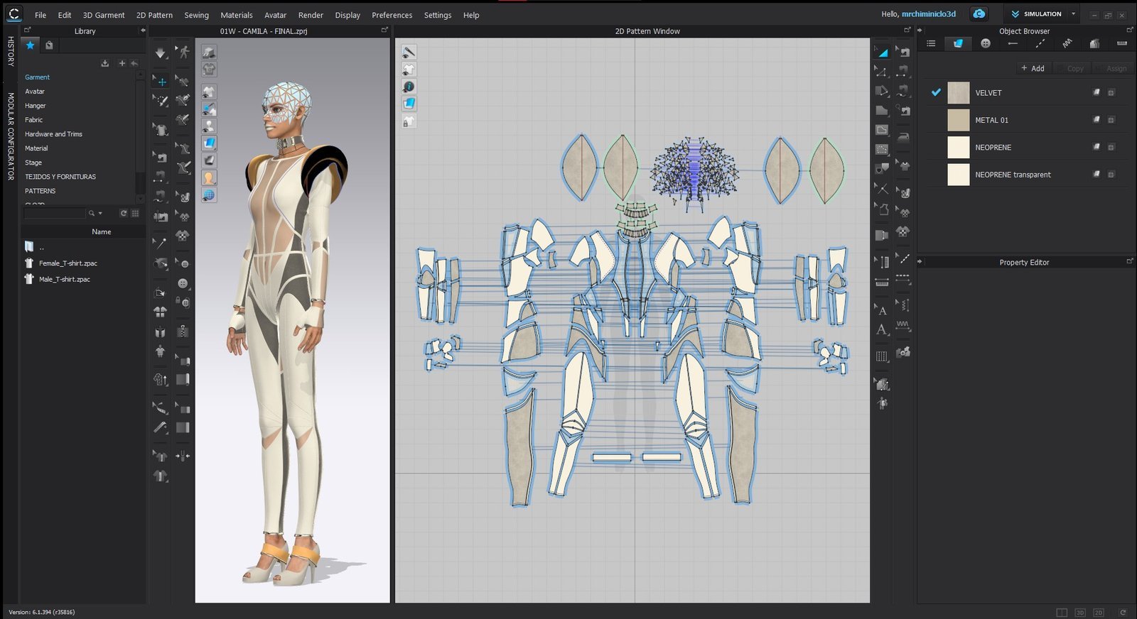 Proyecto CAMILA de MRCHIMINI: prenda 3D y patrones en CLO