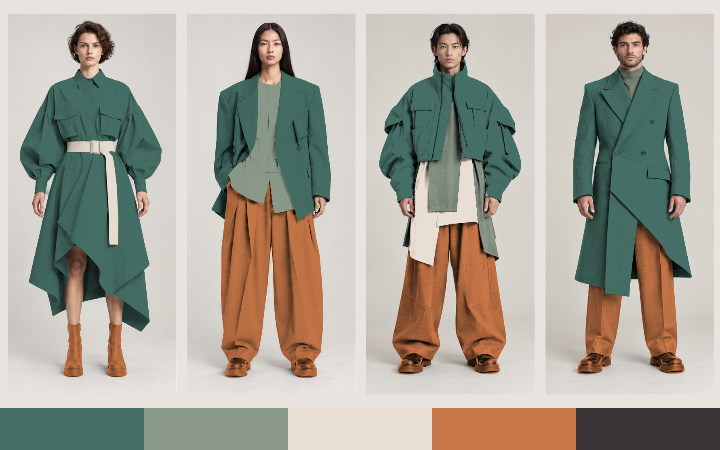 Colección de cuatro looks creada a partir de una paleta de verdes, neutros y terracota