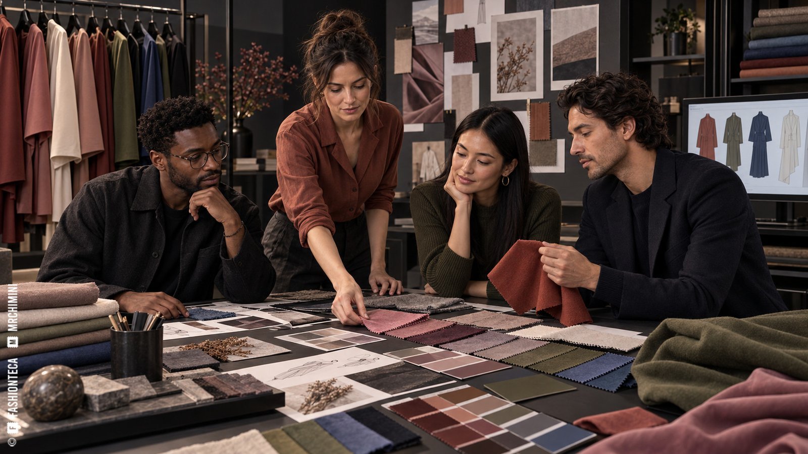 Equipo de diseño de Moda trabajando con cartas y muestras de color