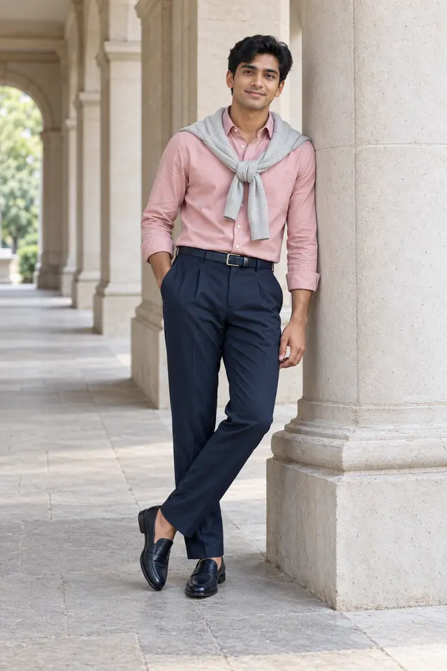 Hombre joven con camisa rosa palo, jersey gris perla sobre los hombros, pantalón azul marino y mocasines oscuros.