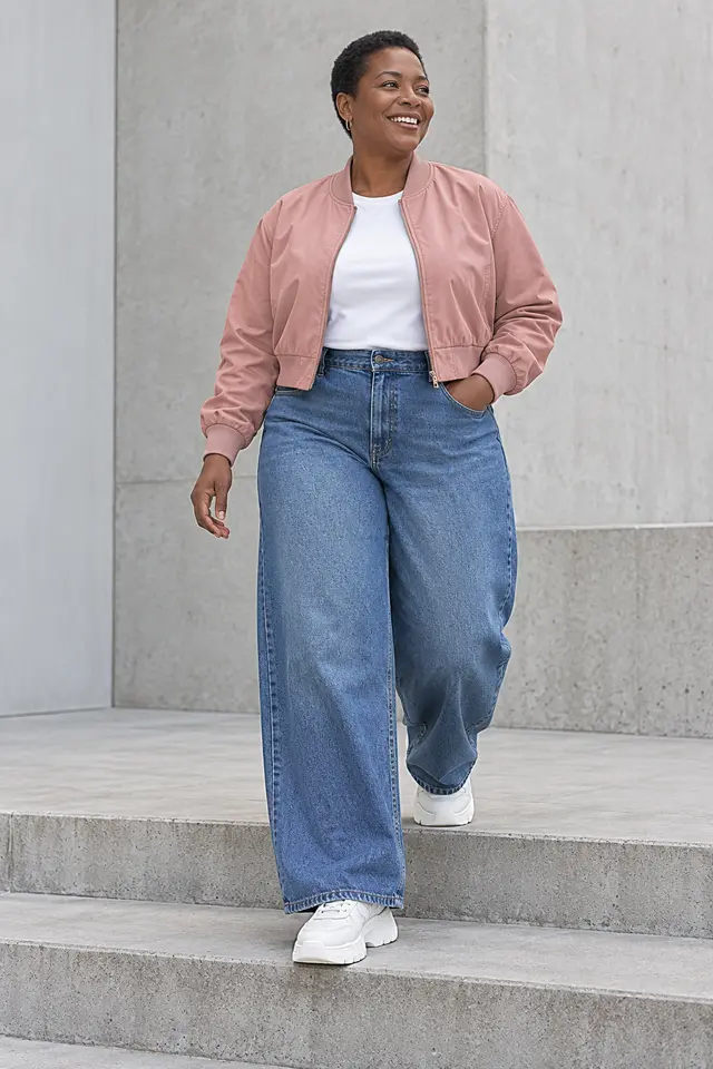 Mujer de piel oscura con cazadora corta rosa palo, camiseta blanca, vaqueros muy amplios y zapatillas blancas.