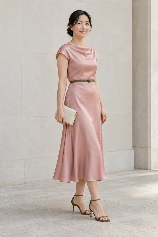 Mujer con vestido midi de satén rosa palo, cinturón y sandalias oliva y bolso de mano marfil.