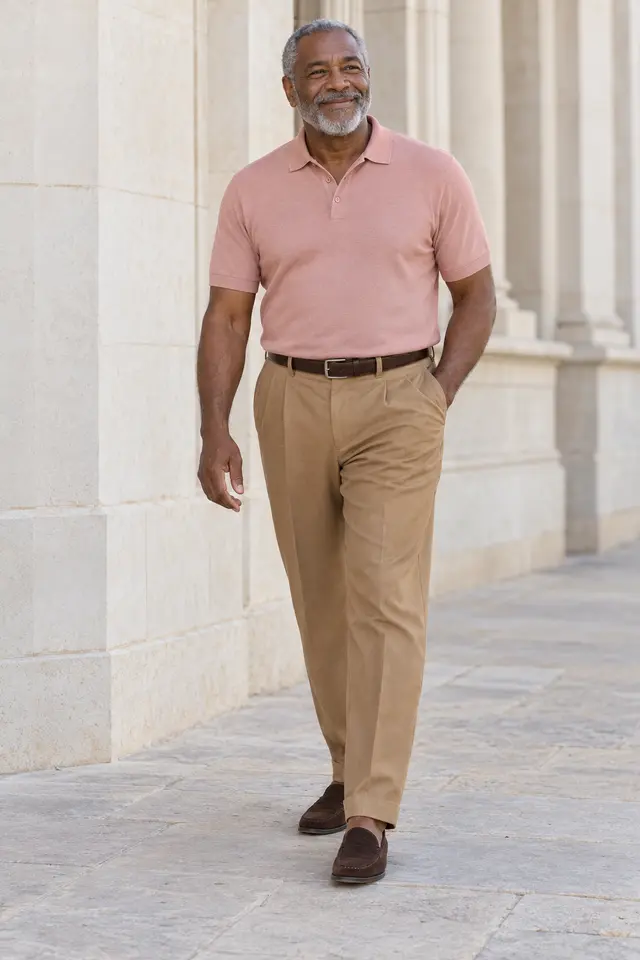 Hombre mayor de barba canosa con polo de punto rosa palo, pantalón camel, cinturón y mocasines chocolate.