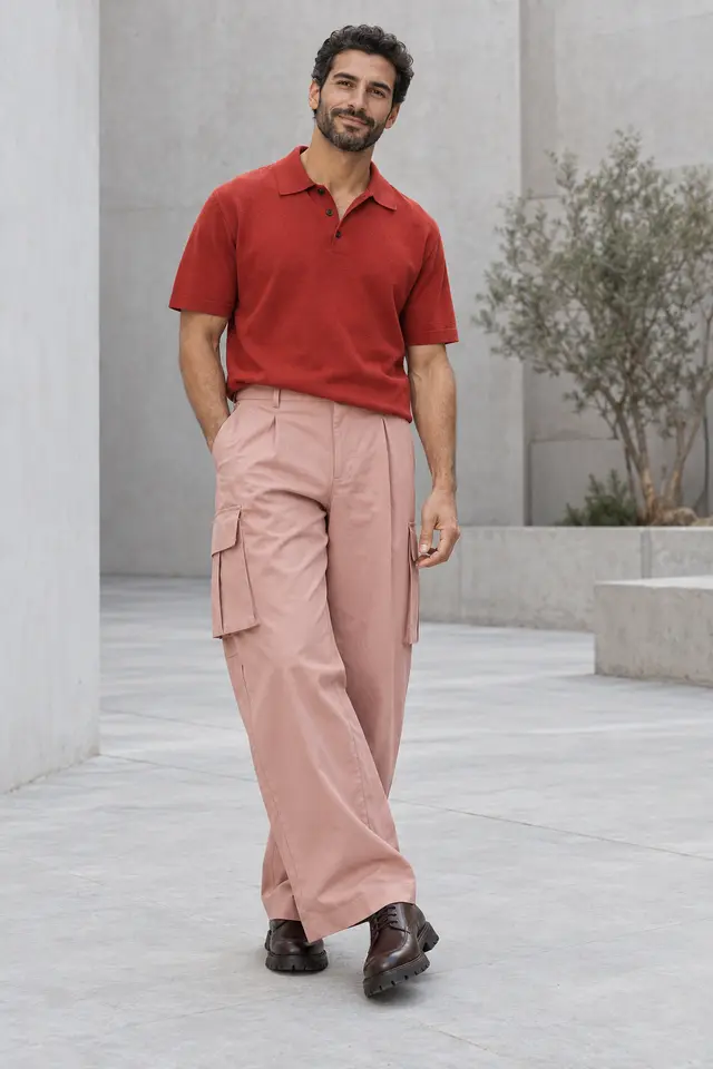 Hombre de cabello oscuro y barba con polo rojo, pantalón cargo amplio rosa palo y zapatos chocolate de suela gruesa.