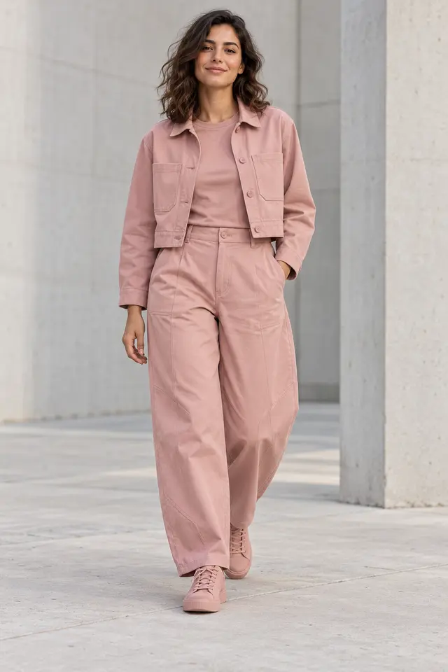 Mujer con cazadora corta, camiseta, pantalón amplio de pernera curva y zapatillas, todo coordinado en rosa palo.
