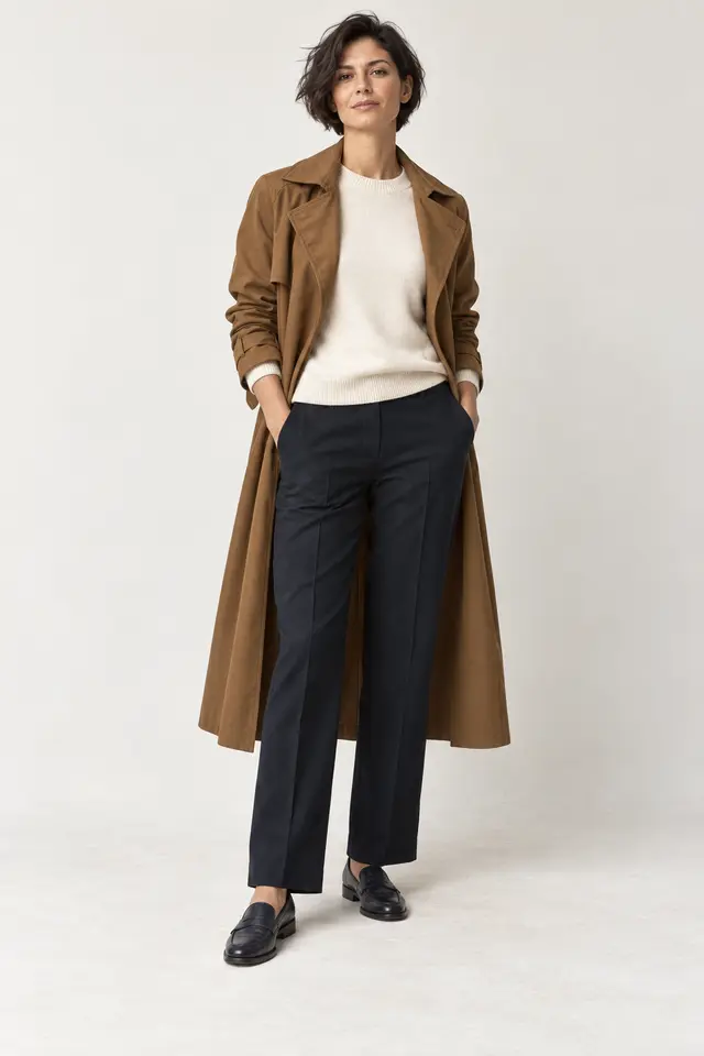 Mujer con gabardina color tabaco, jersey marfil, pantalón azul marino y mocasines oscuros.