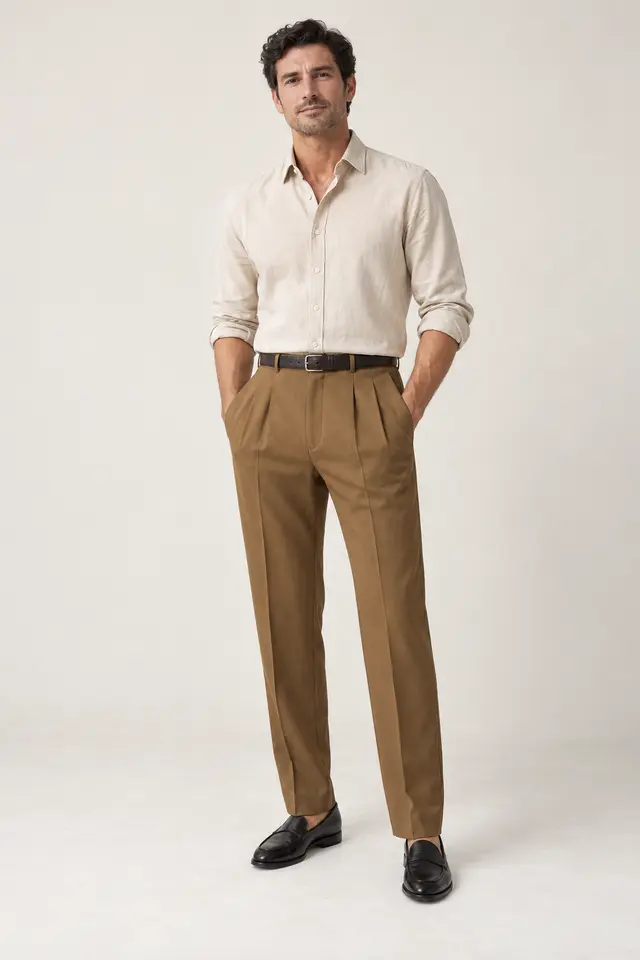 Hombre con pantalón de pinzas tabaco, camisa beige claro, cinturón negro y mocasines negros.