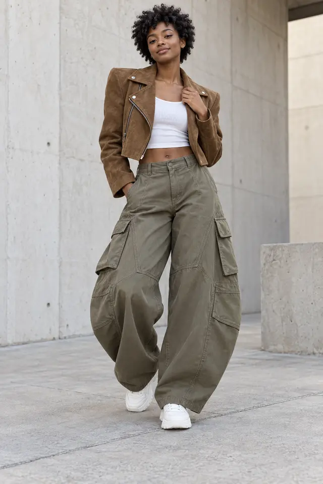 Mujer con cazadora corta de ante tabaco, top blanco, pantalón cargo muy amplio oliva grisáceo y zapatillas blancas.