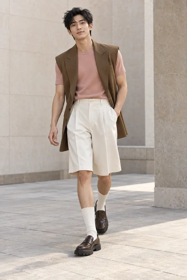 Hombre con chaleco largo de sastrería tabaco, camiseta de punto rosa palo, bermudas amplias marfil, calcetines claros y mocasines gruesos.