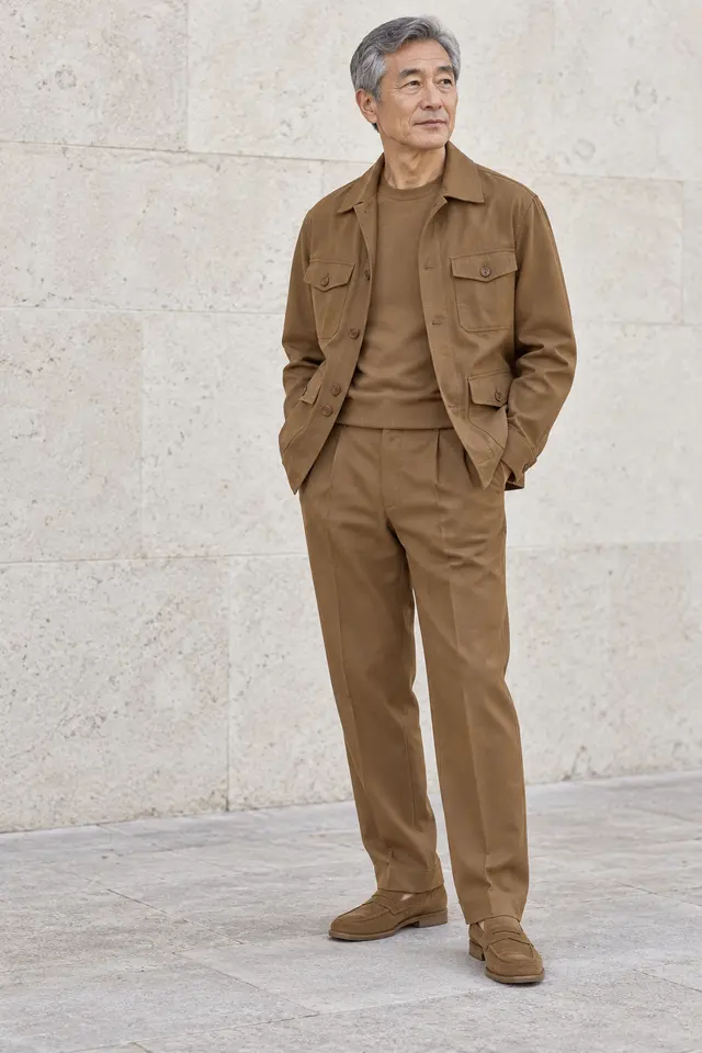 Hombre de cabello canoso con sobrecamisa de bolsillos, camiseta de punto, pantalón recto y mocasines, todo en color tabaco.