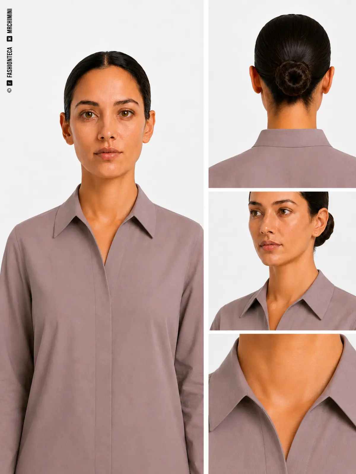 CUELLO CAMISERO DE UNA PIEZA en color malva grisáceo corporativo, con vista frontal principal, vista posterior o funcional, vista tres cuartos y macro técnico sobre fondo blanco.