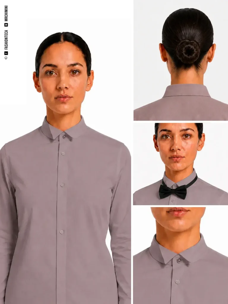 CUELLO DE ALA en color malva grisáceo corporativo, con vista frontal principal, vista posterior, aplicación con pajarita y macro técnico sobre fondo blanco.