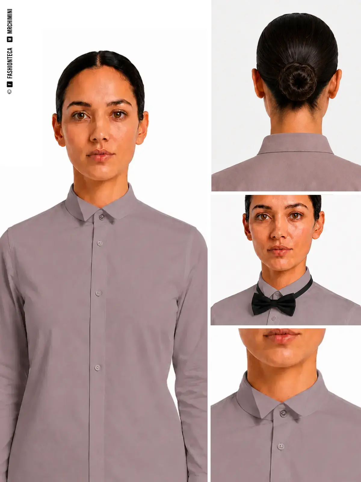 CUELLO DE ALA — vistas y detalles técnicos CUELLO DE ALA en color malva grisáceo corporativo, con vista frontal principal, vista posterior, aplicación con pajarita y macro técnico sobre fondo blanco.