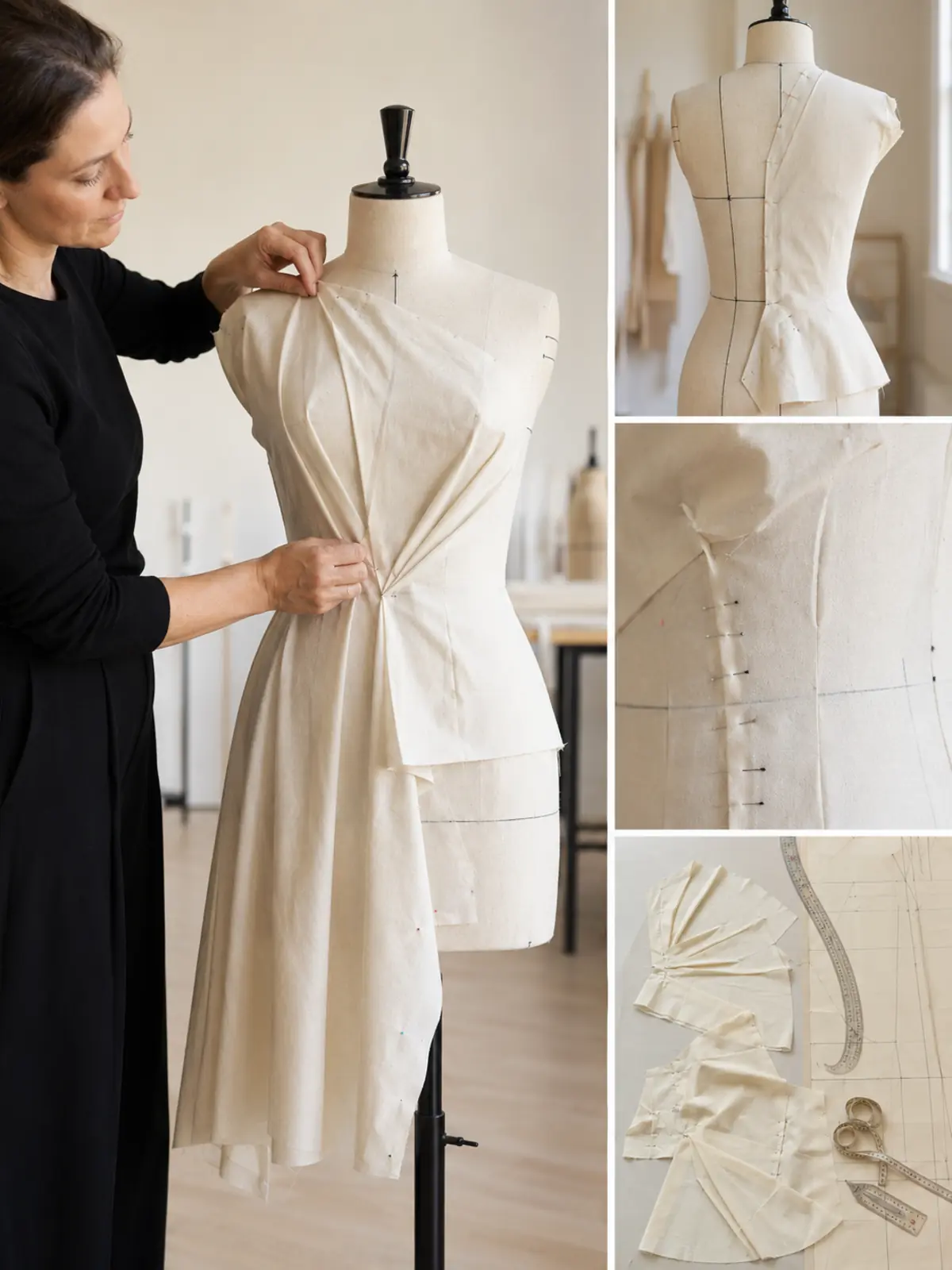 Composición técnica de moulage con modista modelando una toile sobre maniquí y detalles del proceso.