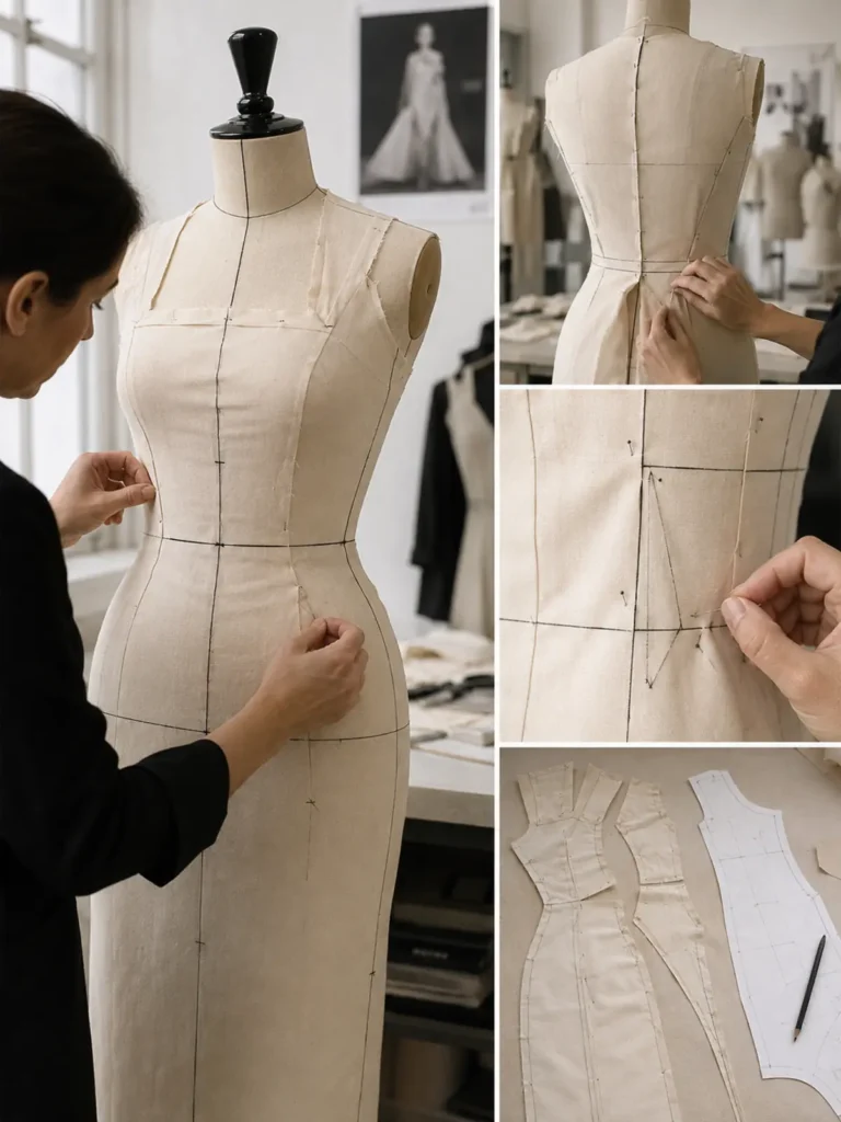 Toile de vestido sobre maniquí con líneas marcadas, alfileres y detalle de correcciones.
