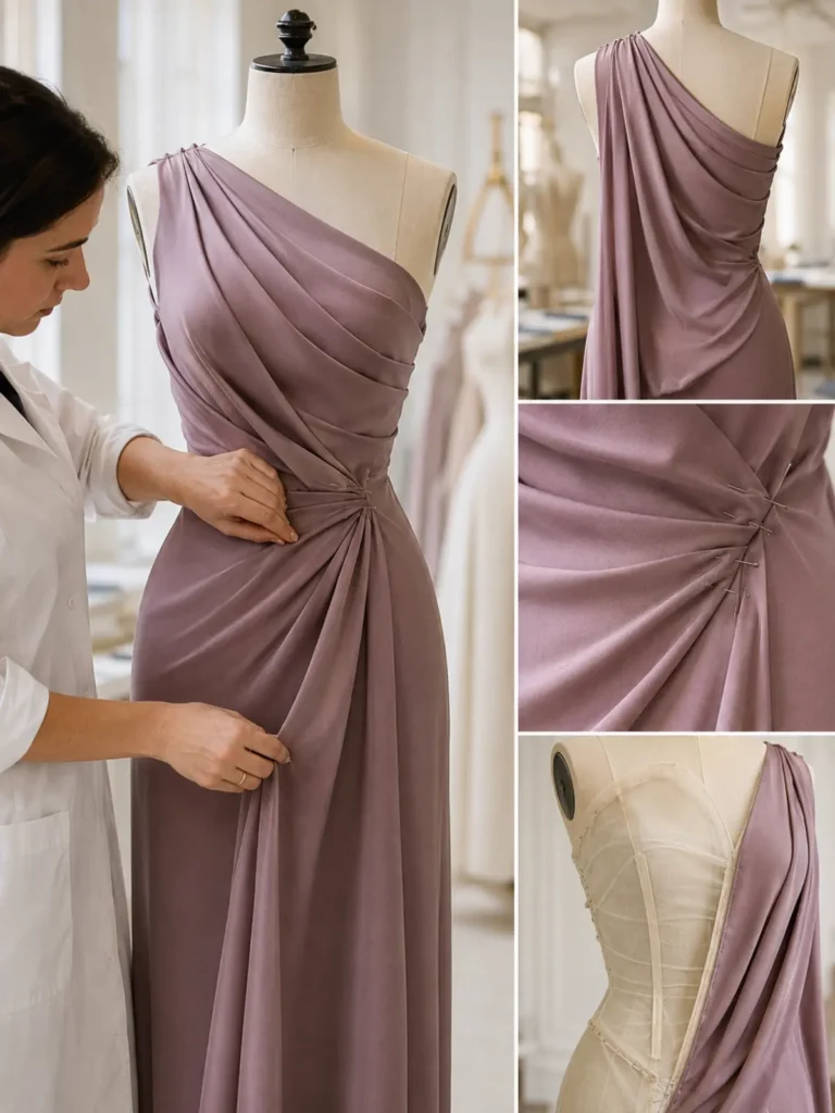 Vestido con drapé asimétrico y detalles de pliegues modelados y fijaciones interiores.