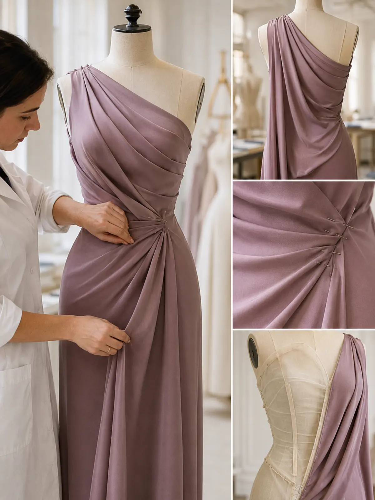 Vestido con drapé asimétrico y detalles de pliegues modelados y fijaciones interiores.