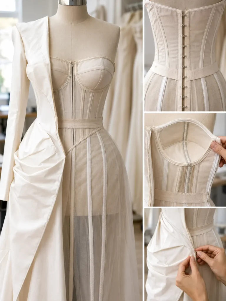 Interior de vestido de Alta Costura con base corsetera, varillas, copas y cinta de cintura.