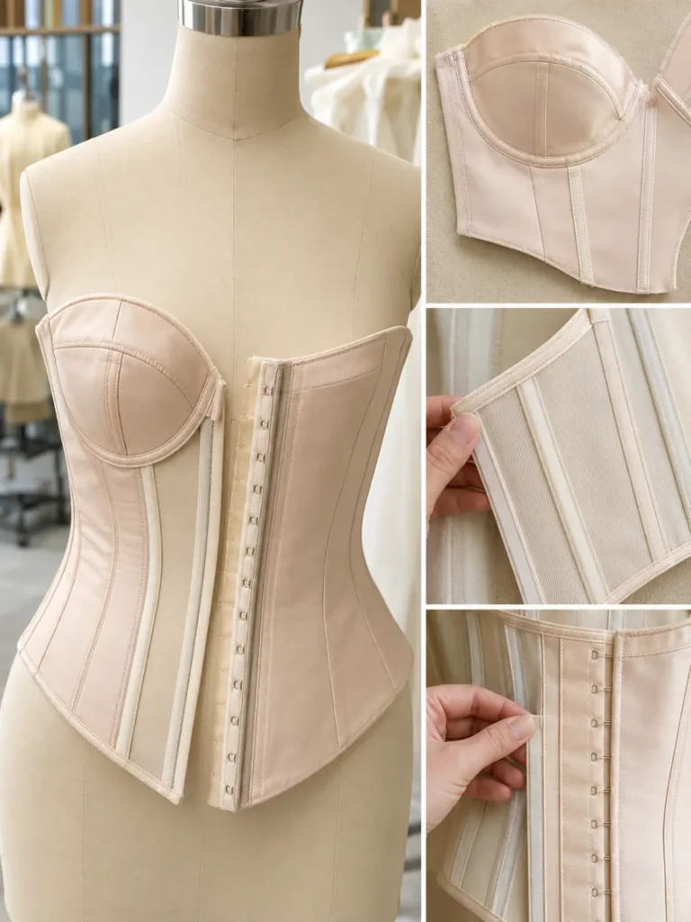 Bustier estructurado sobre maniquí con paneles, copas y detalle de canales para varillas.