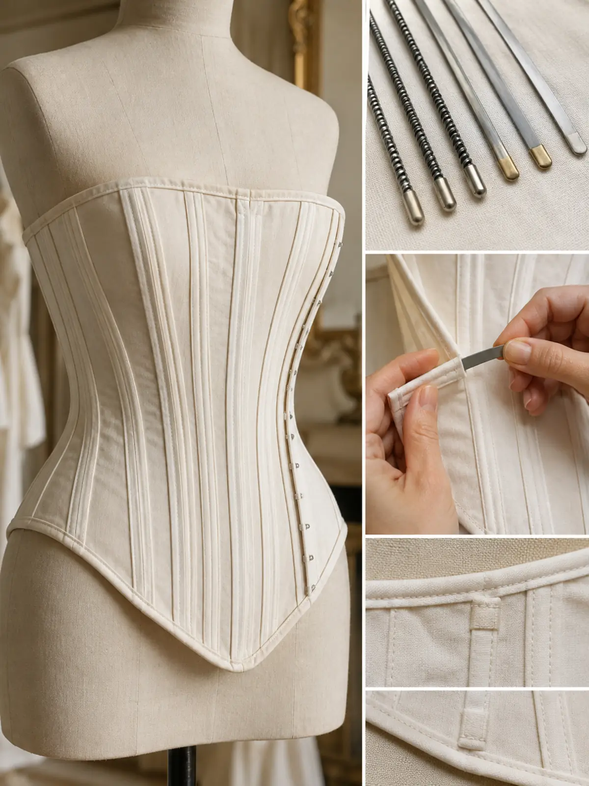 Canales de varillado en un cuerpo de corsetería y detalle de diferentes varillas protegidas.