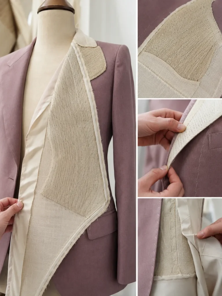 Interior abierto de chaqueta con canvas, plastrón de crin y solapa modelada.