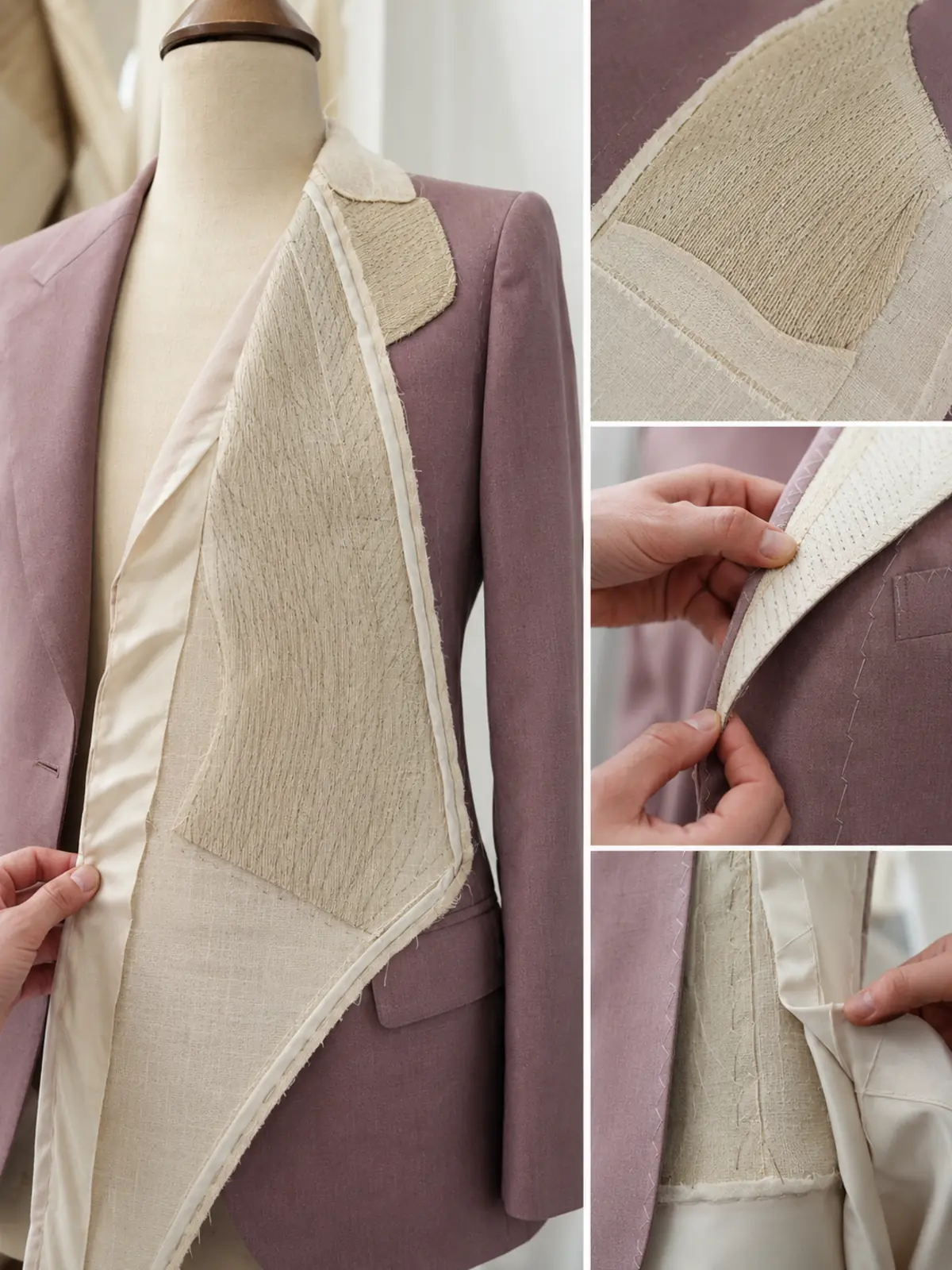 Interior abierto de chaqueta con canvas, plastrón de crin y solapa modelada.