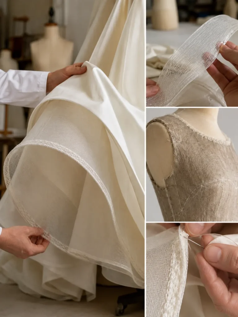 Bajo de falda sostenido con cinta de crin y detalle de canvas estructural de sastrería.