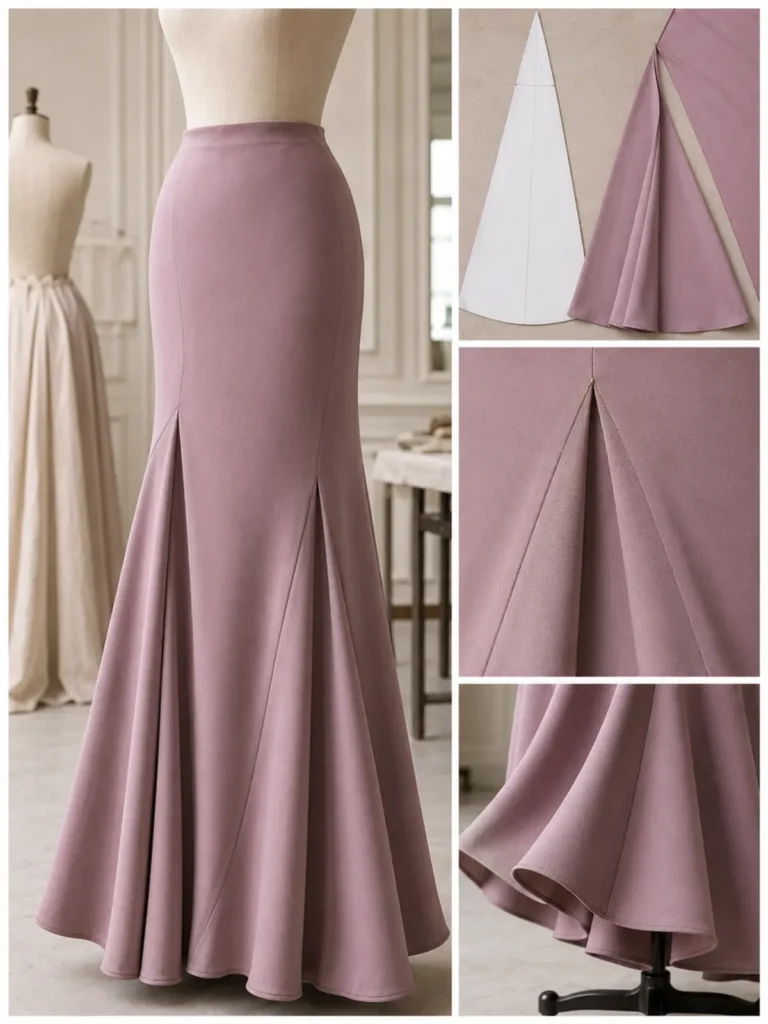 Vestido con godets en movimiento y detalle técnico de inserción triangular en una costura.