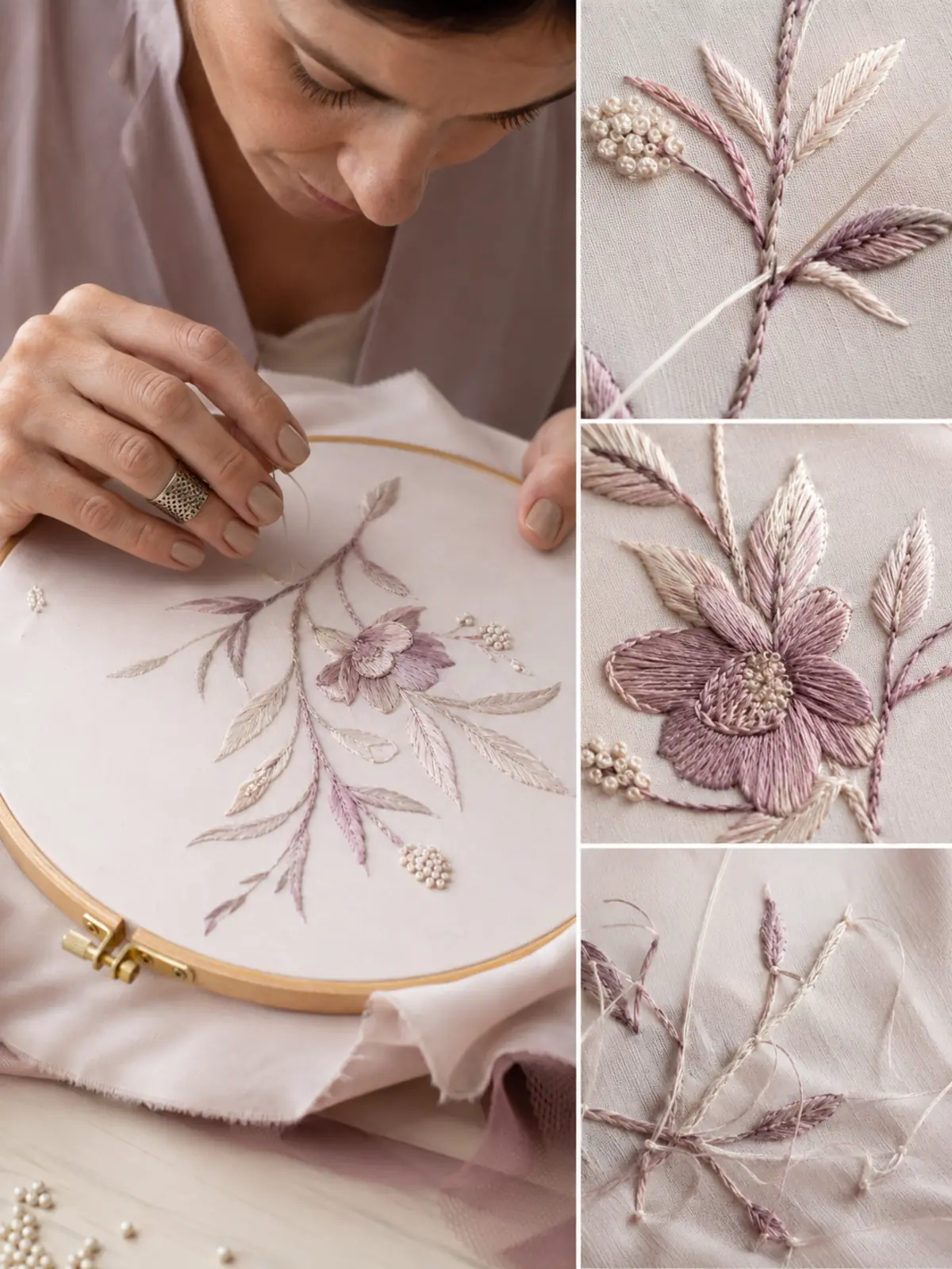 Bordado a mano con aguja sobre seda y detalles de puntadas de contorno, relleno y relieve.