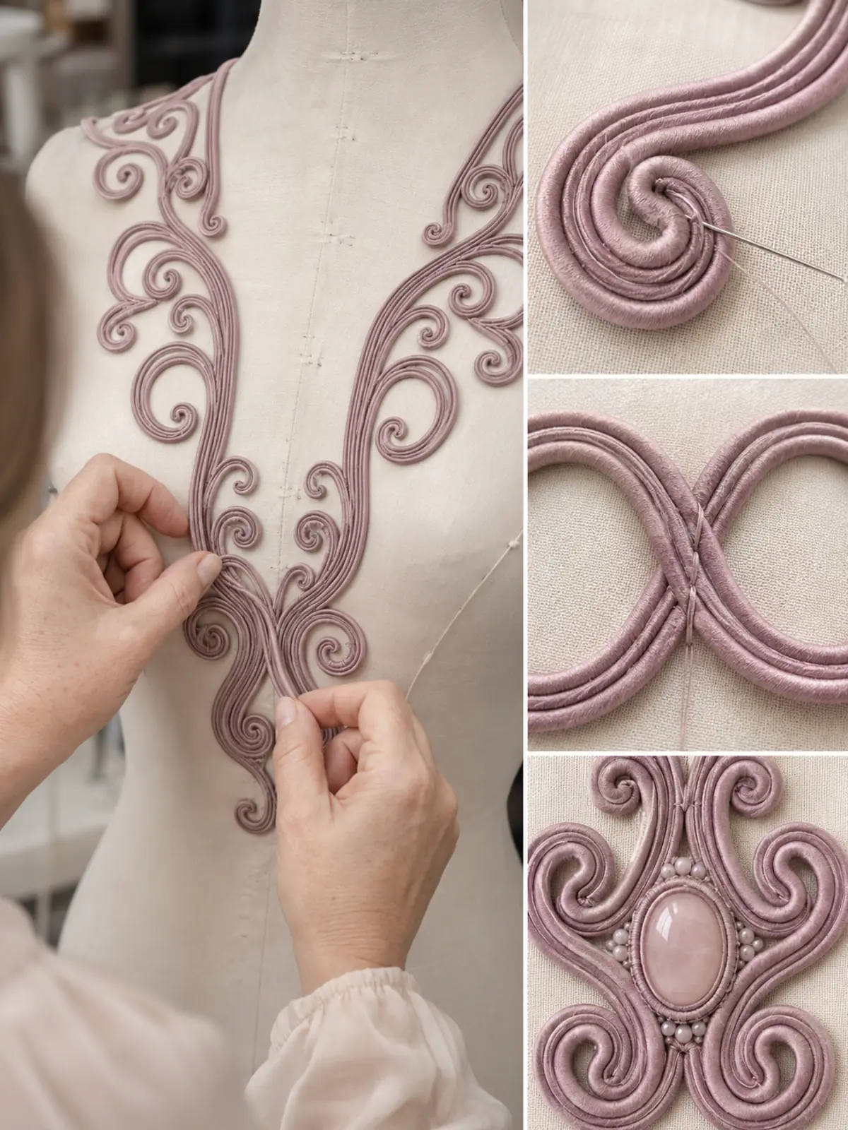 Cordón soutache formando espirales sobre tejido y detalle de puntadas ocultas en la hendidura.