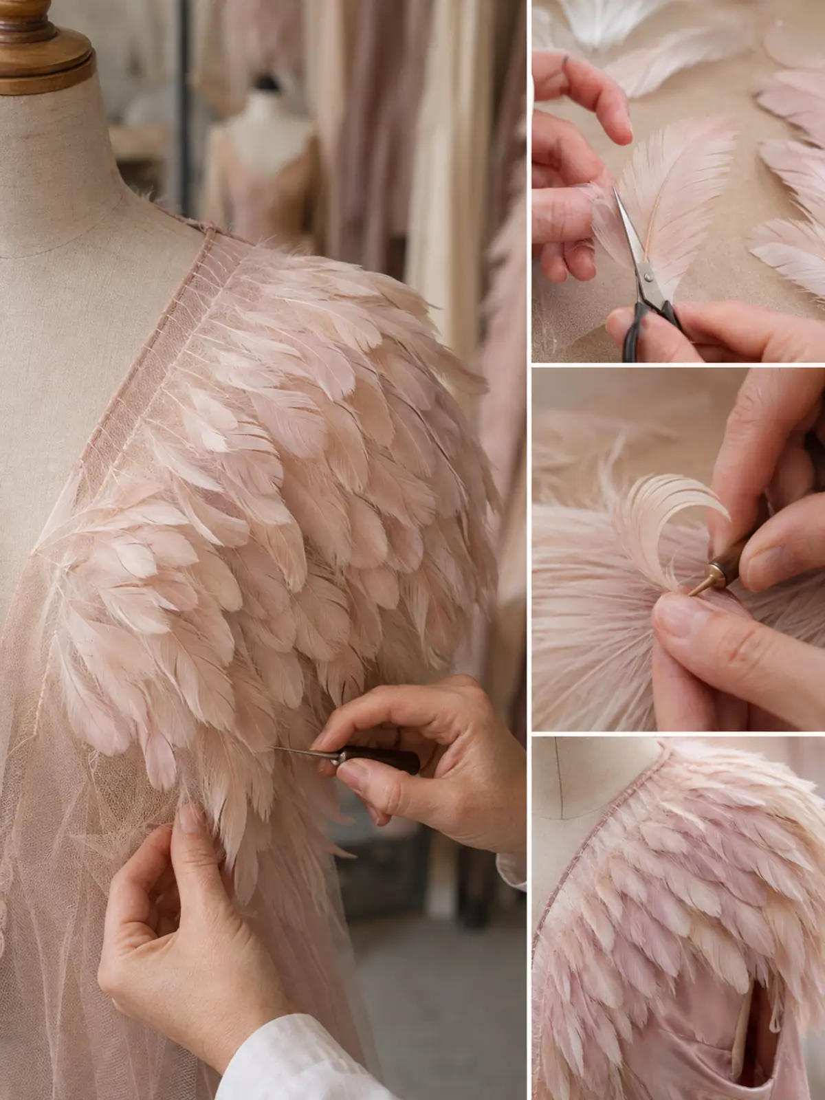 Artesana preparando y montando plumas sobre tul con detalles de corte, rizado y capas.
