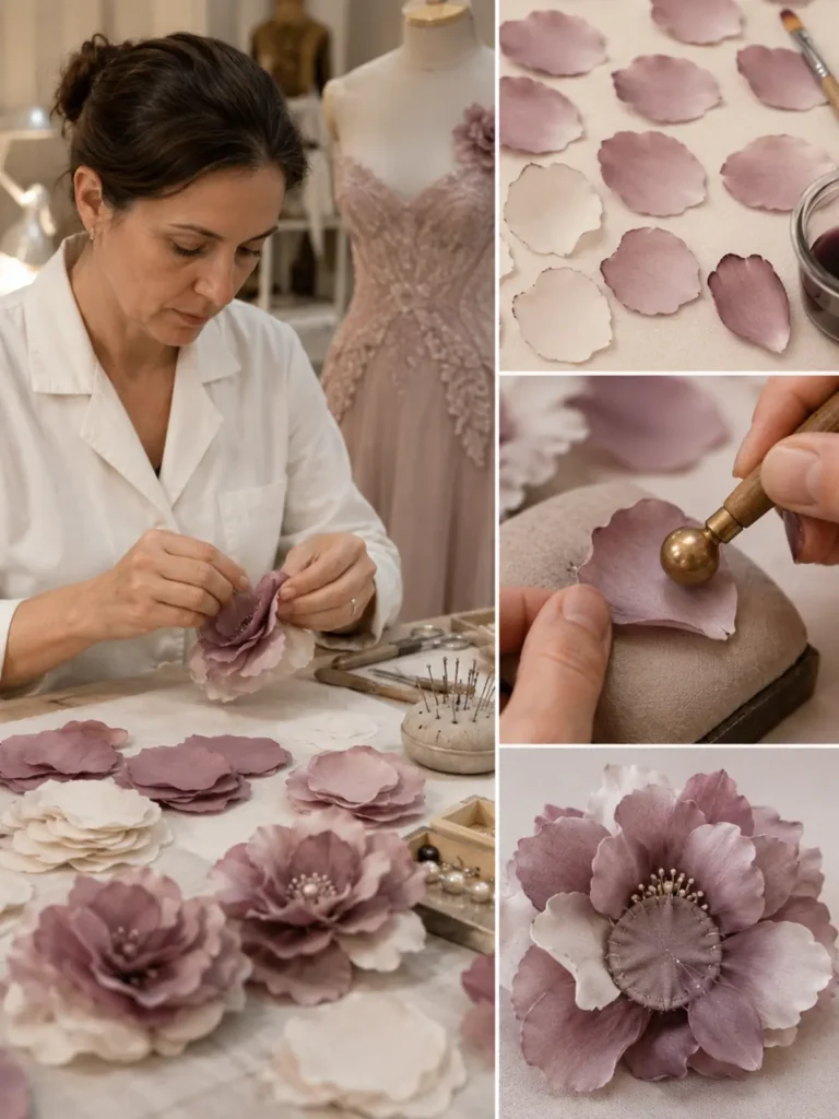 Artesana modelando pétalos de seda y detalles de corte, boleado y flor textil terminada.