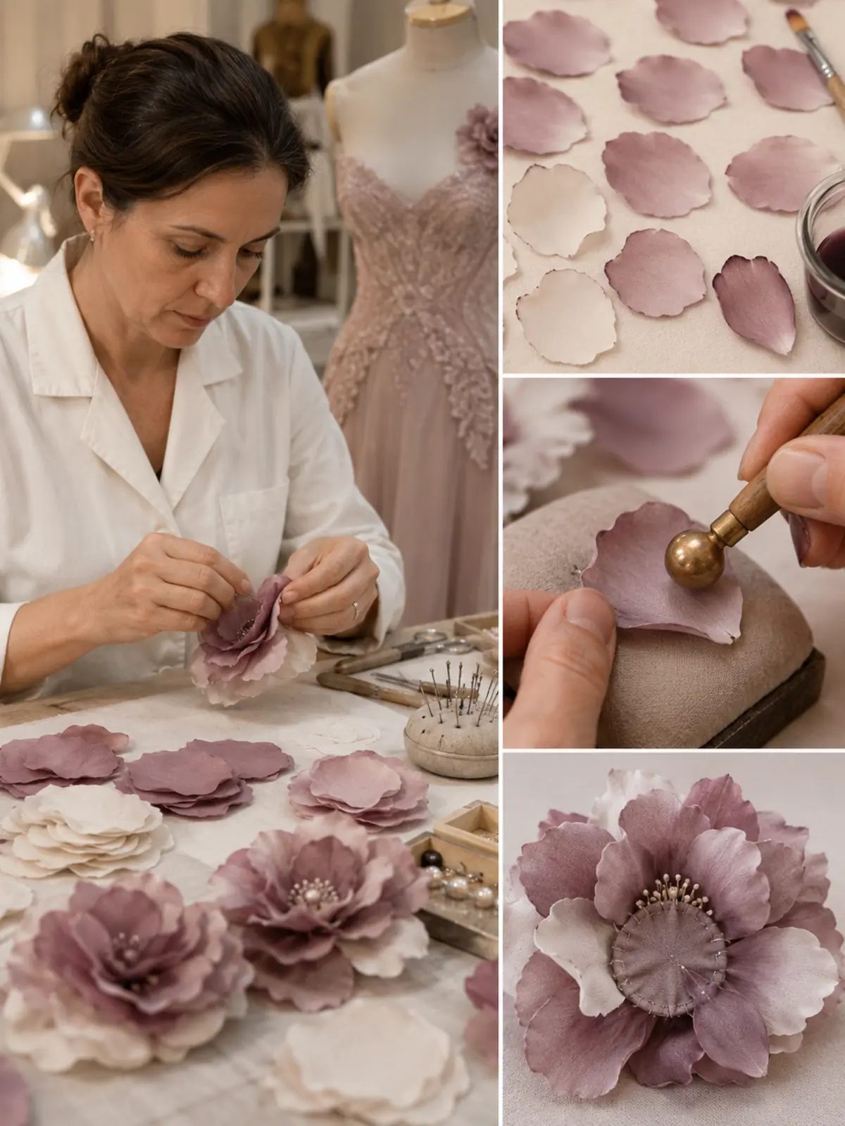 Artesana modelando pétalos de seda y detalles de corte, boleado y flor textil terminada.