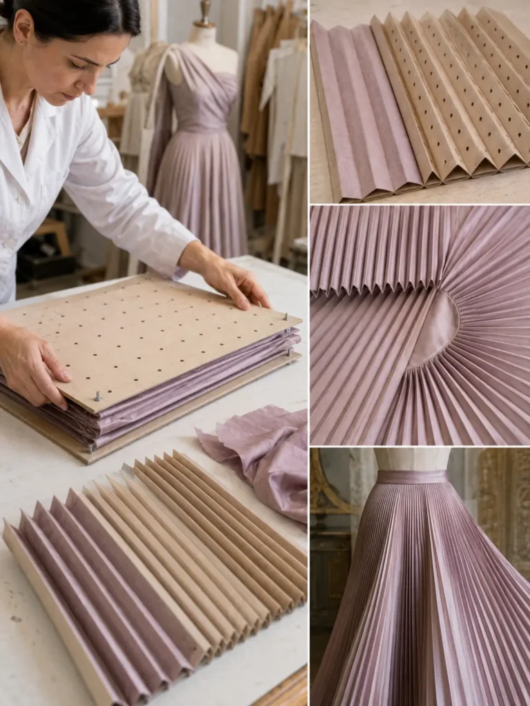 Tejido colocado en molde de plisado y vestido terminado con detalles de pliegues regulares y radiales.